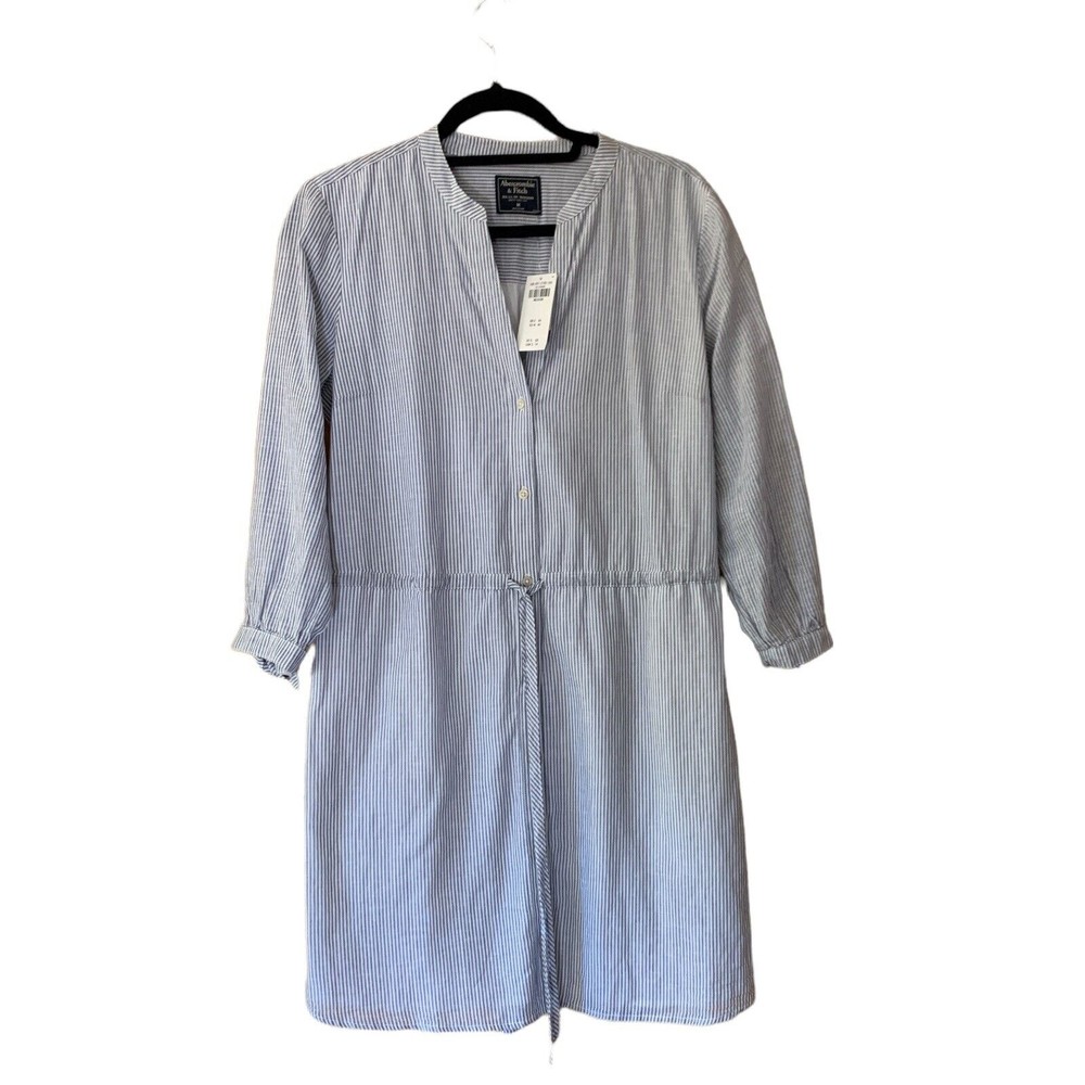 Abercrombie and Fitch Dress Sz Medium Blue Stiped Long Sleeve V-Neck Linen Blend